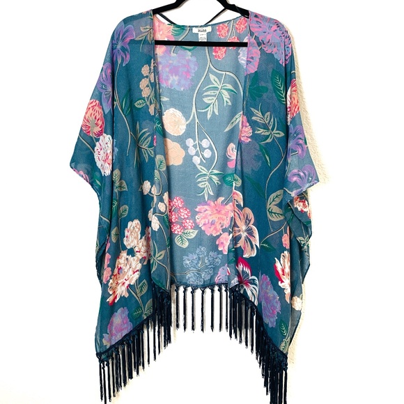 Mudd Floral Kimono Topper ONE SIZE Blue Fringe Layering Piece Boho Fairy Core - Picture 1 of 12